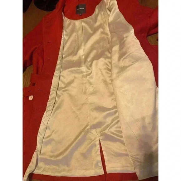 MODCLOTH Wool Coat L Red NWT Peacoat Tie Front Trench Long White Buttons Women’s - Picture 3 of 9